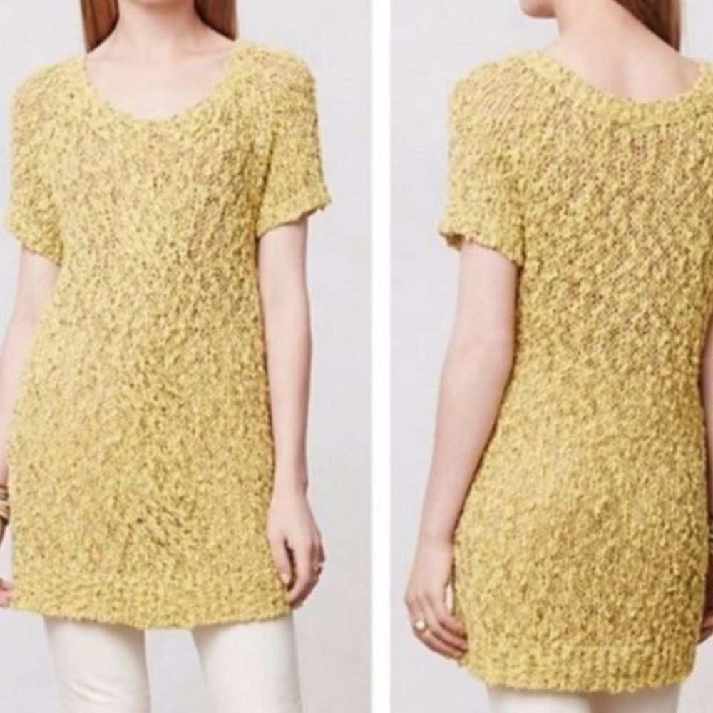 Moth Anthropologie Yellow Mustard Knitted Tunic Short Sleeve Earthy Trendy Boho